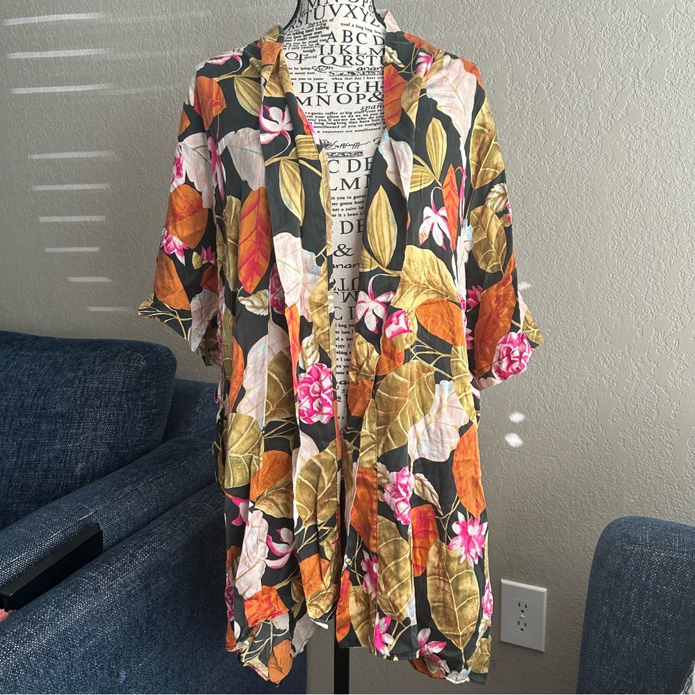 Vintage Silx August Silk Floral Kimono Robe Orange Pink Open Front Women Lounge
